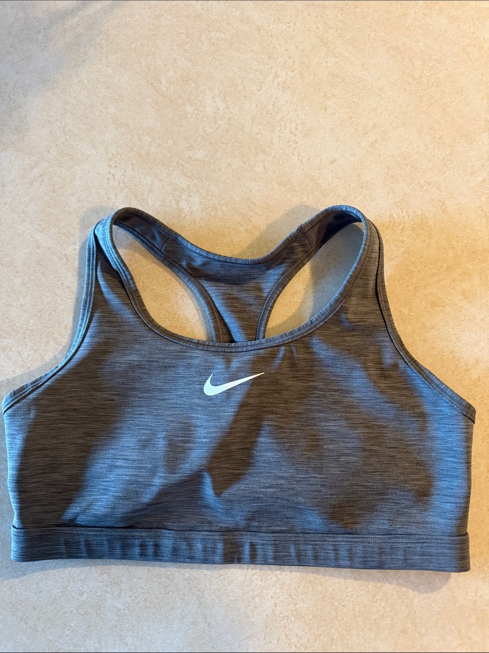 Nike Heathered Charcoal Racerback Sports Bra with White Swoosh